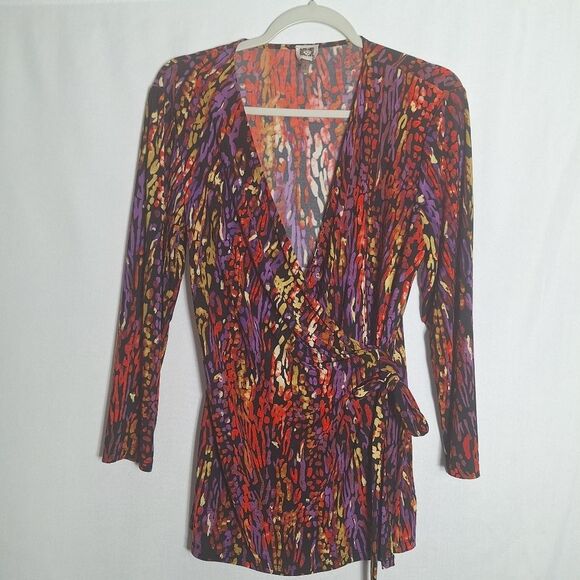 Ann Klein Womens Tunic Blouse Faux Wrap Boho Avante Garde Slinky Sassy Medium - Picture 3 of 12